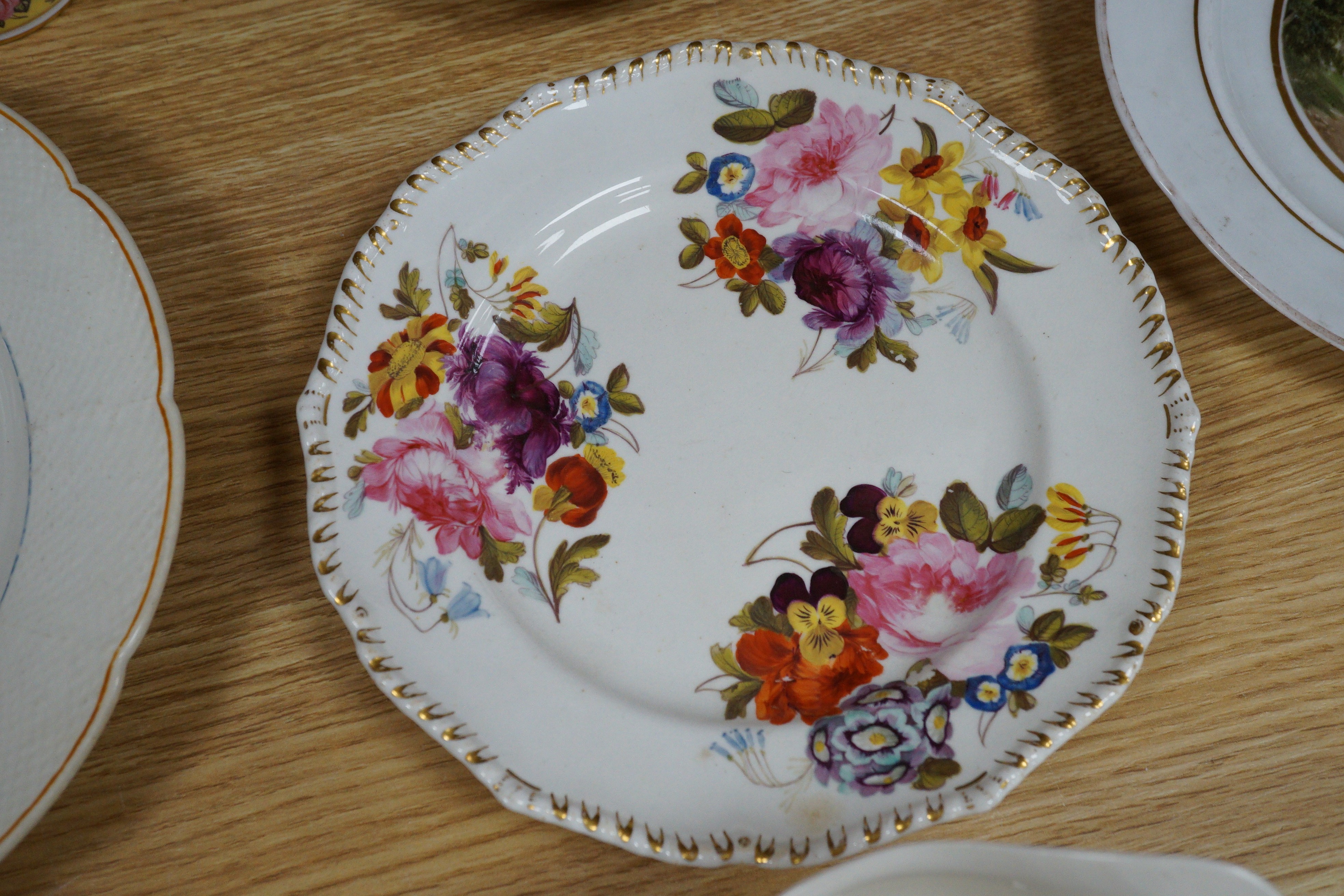 A Sampson Hancock Derby inkwell and cover, a similar coffee can, saucer and slop bowl, chantilly plate with basket-work border and four other items